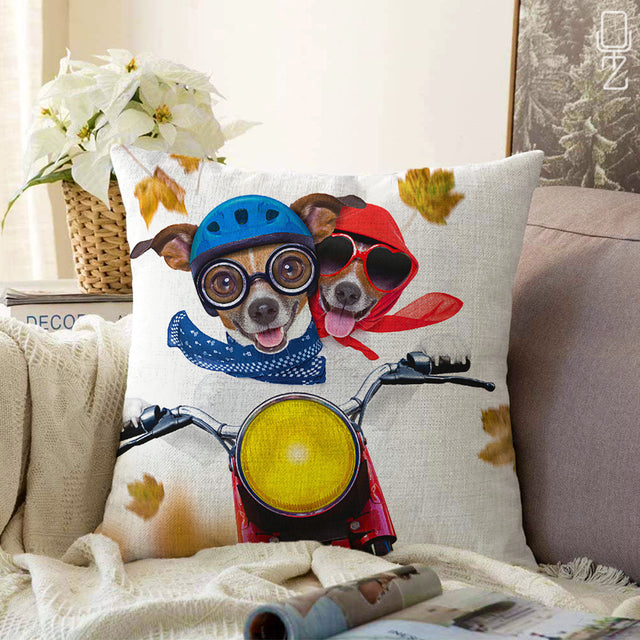 Pillow Cover with Crazy Dogs on Motorcycle