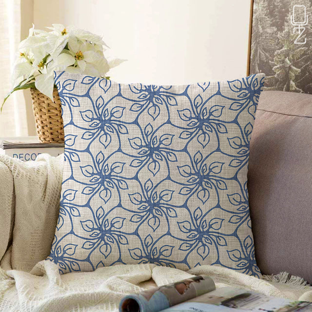 Blue Geometric Floral Pattern Cushion Cover