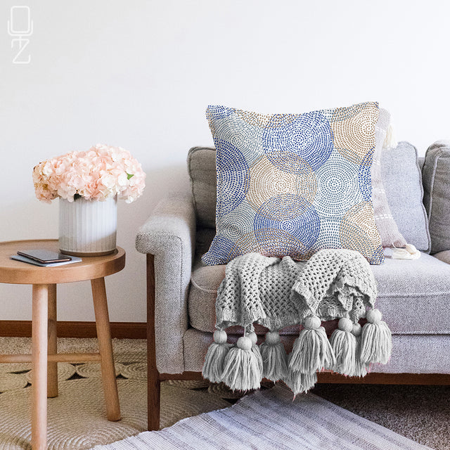 Blue & Beige Cushion Cover with Circular Dots