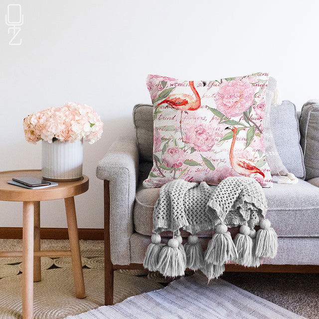 Pillow Cover with Red Flamingo and Pink Flowers