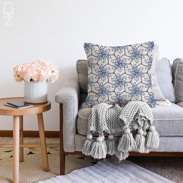 Blue Geometric Floral Pattern Cushion Cover