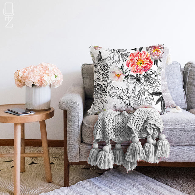 Decorative Pillow Cover with Pencil Drawing Rose