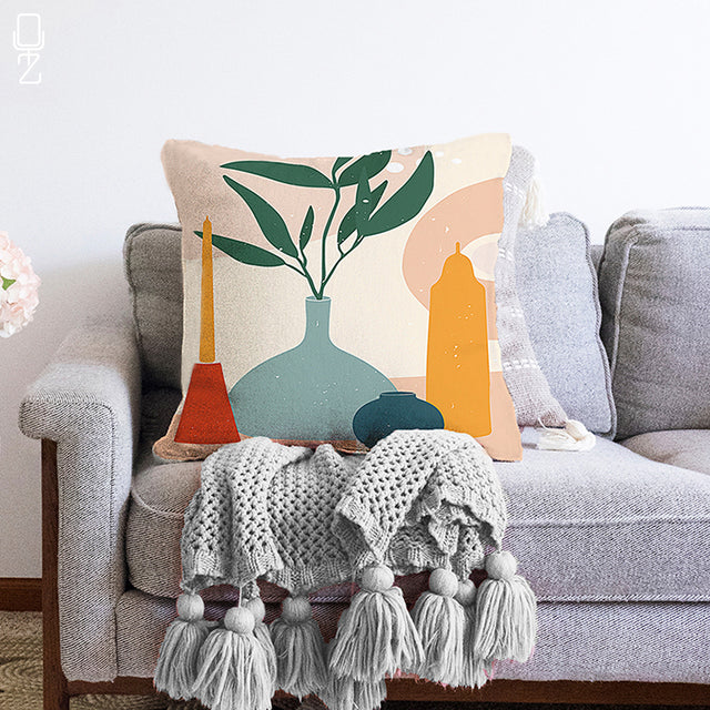 Minimalist Cushion Cover with Vases and Candles