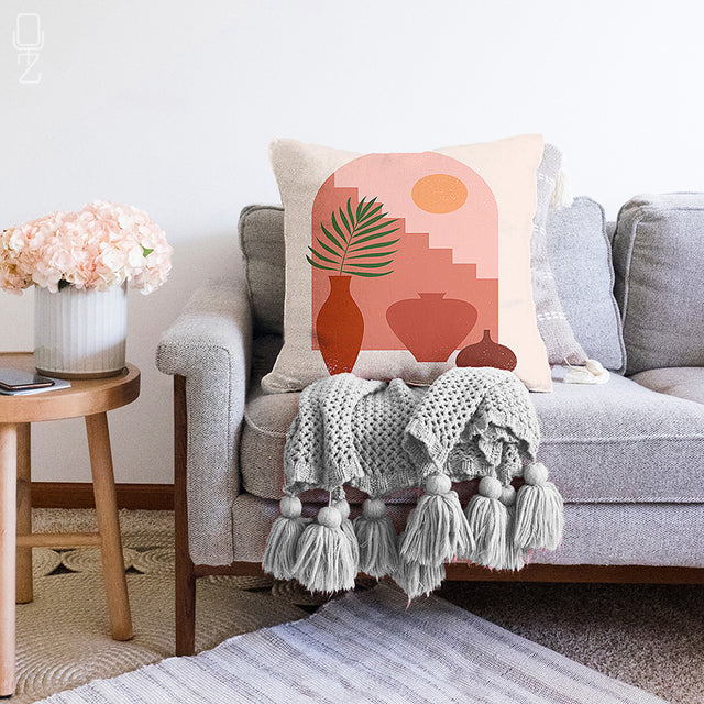 Minimalist Pillow Cover with Vases, Stairs and Sun