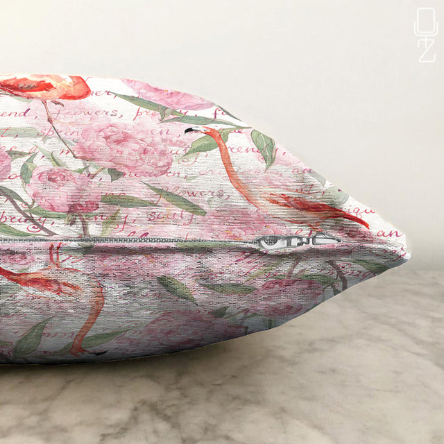 Pillow Cover with Red Flamingo and Pink Flowers
