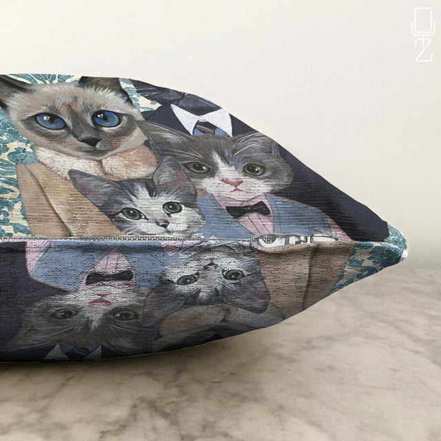 Blue & Green Pillow Cover with Cat Family Design