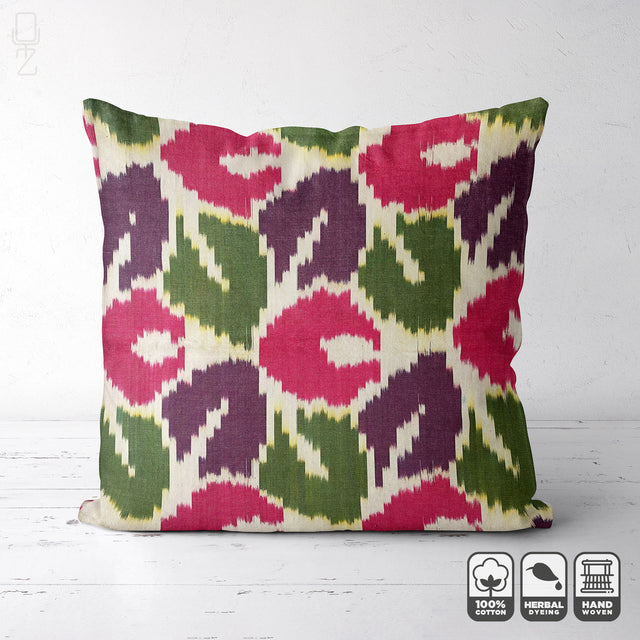 Traditional Ikat Pillow Cover with Green & Pink Leafs