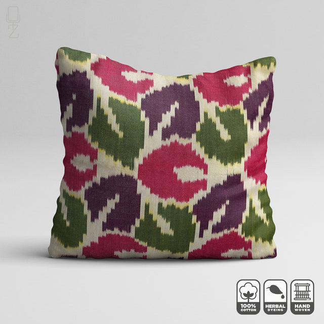 Traditional Ikat Pillow Cover with Green & Pink Leafs