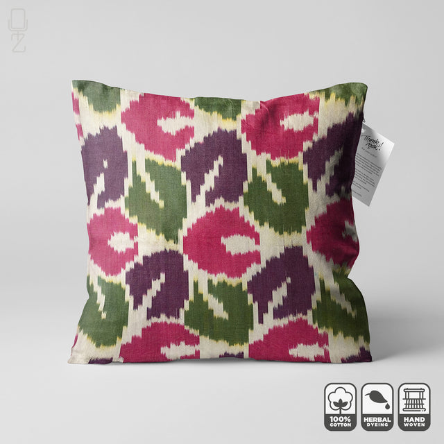 Traditional Ikat Pillow Cover with Green & Pink Leafs