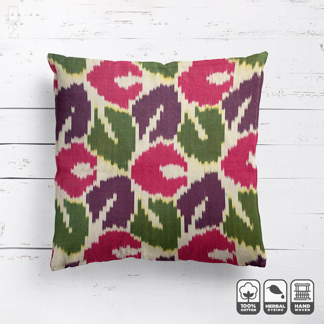 Traditional Ikat Pillow Cover with Green & Pink Leafs