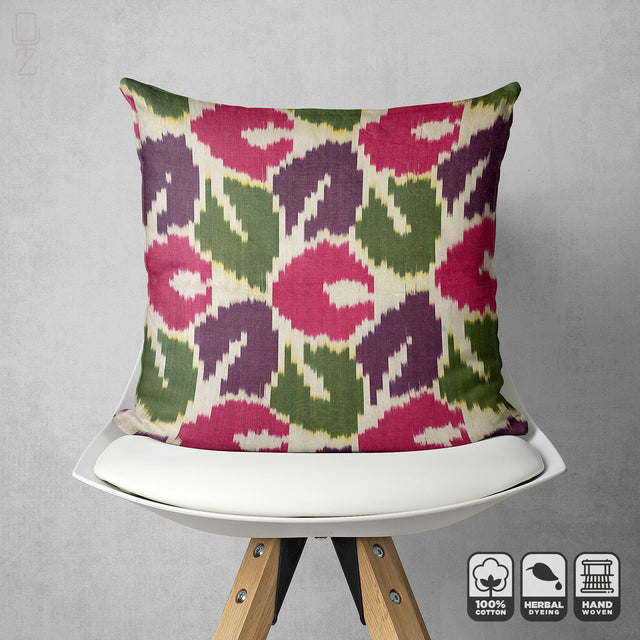 Traditional Ikat Pillow Cover with Green & Pink Leafs