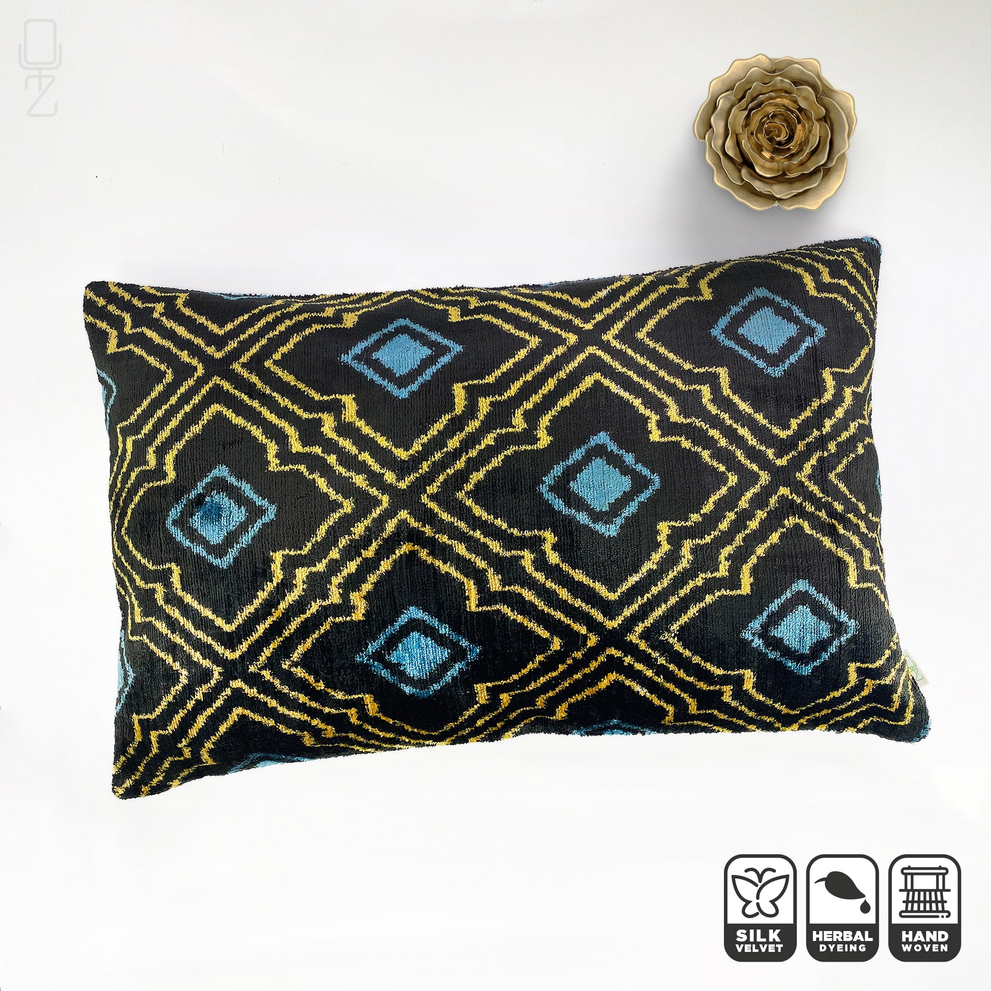 Blue Silk Ikat Velvet Geometric Cushion Cover with Black & Off White | Front side is 100% Silk retailer Velvet, Back side is Soft Blue Fabric