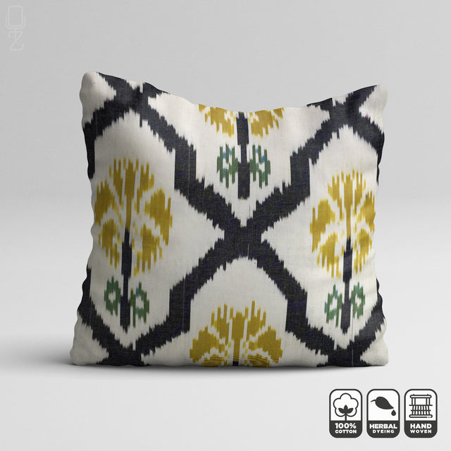 Handwoven Ikat Cushion Cover with Black and Yellow