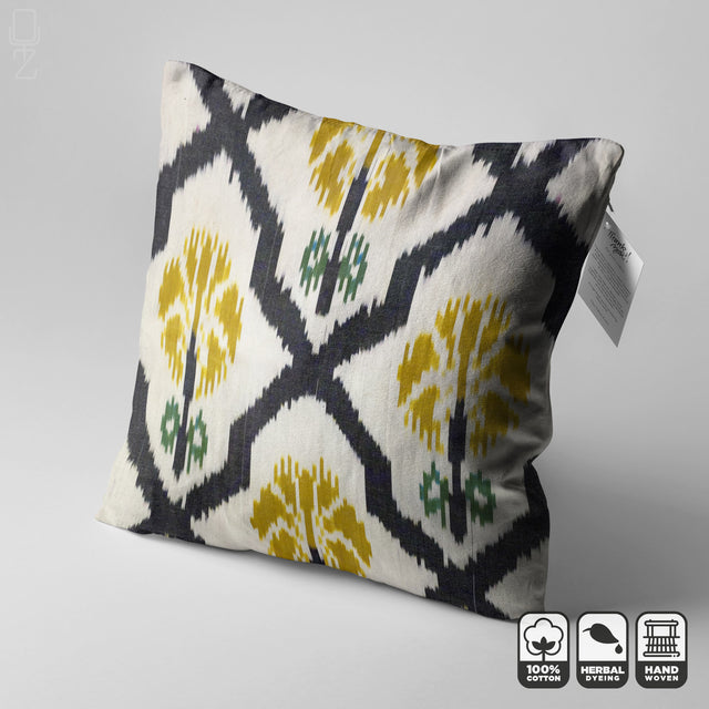 Handwoven Ikat Cushion Cover with Black and Yellow