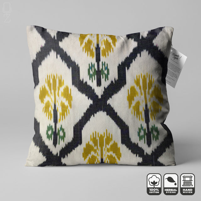 Handwoven Ikat Cushion Cover with Black and Yellow