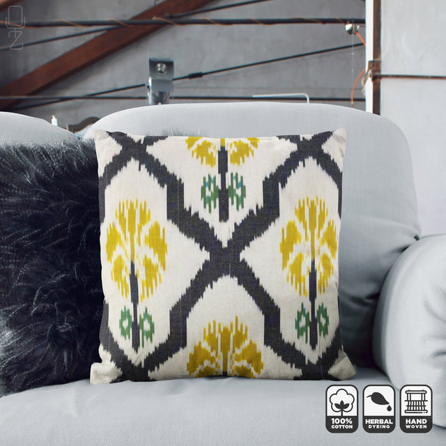 Handwoven Ikat Cushion Cover with Black and Yellow