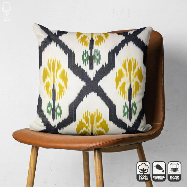 Handwoven Ikat Cushion Cover with Black and Yellow