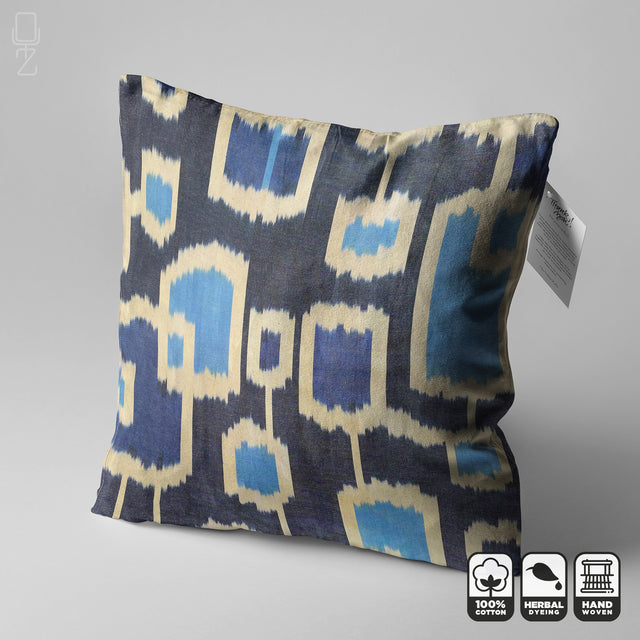 Traditional Ikat Pillow Cover with Blue Tones