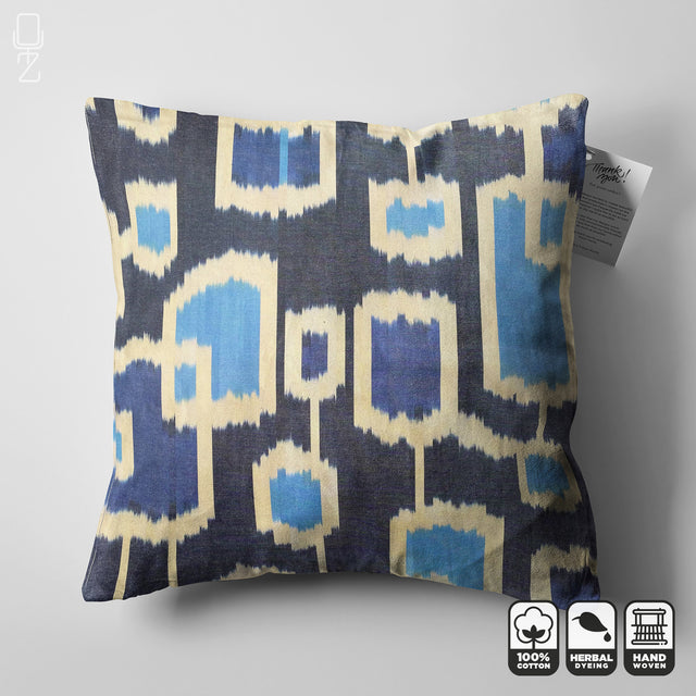 Traditional Ikat Pillow Cover with Blue Tones