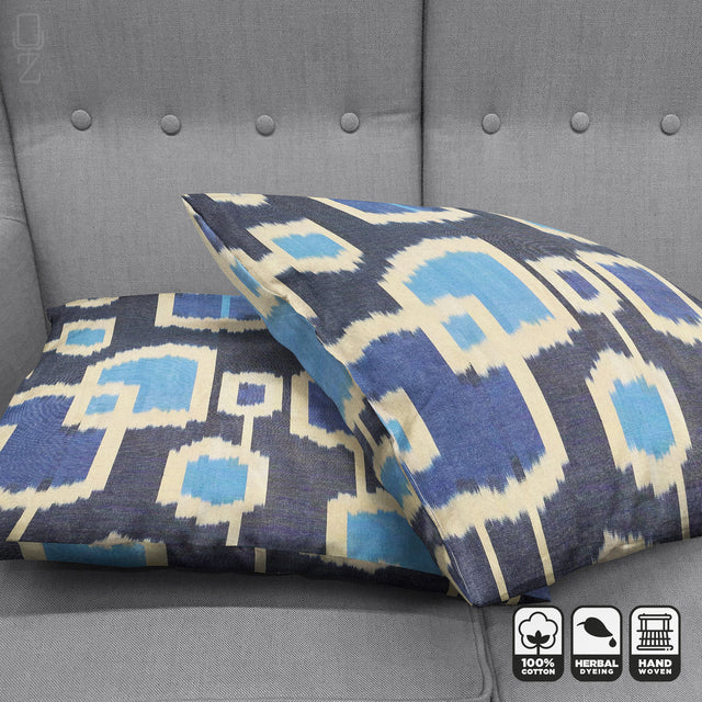 Traditional IKAT Double Sided Pillow Cover with Blue Tones