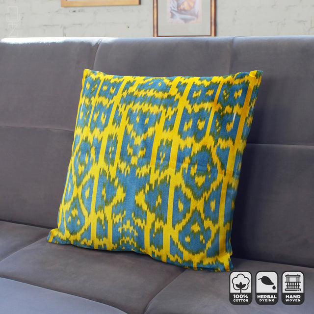 Yellow and Blue Ikat Traditional Pillow Cover